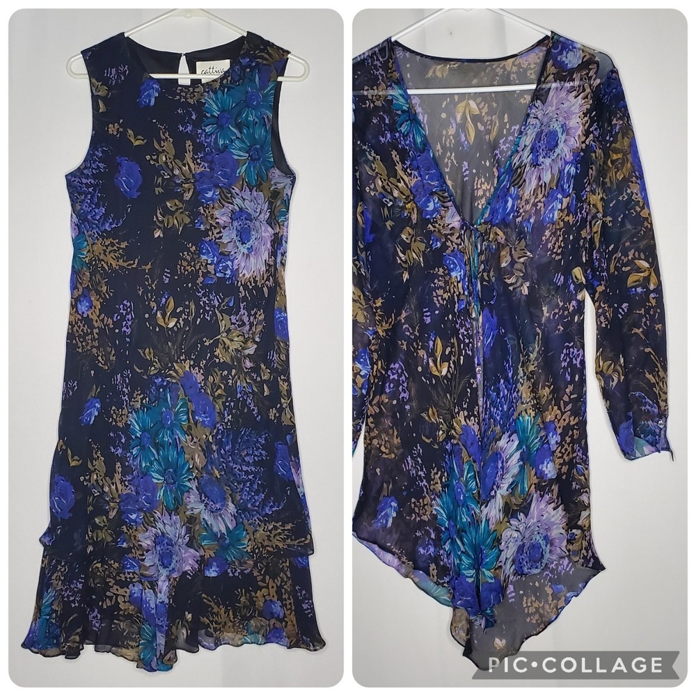 Cattiva NY Dress Cardigan Set 8 Bias Cut Silk Chiffon Romantic Fairy Dark Floral